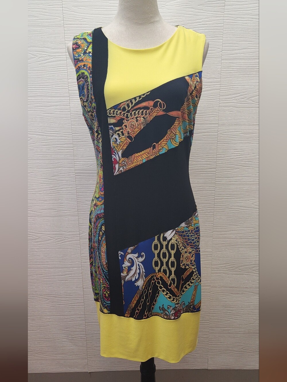 Joseph Ribkoff Sleeveless Dress Yellow Black Sequin Chain Print Asymmetrical 12